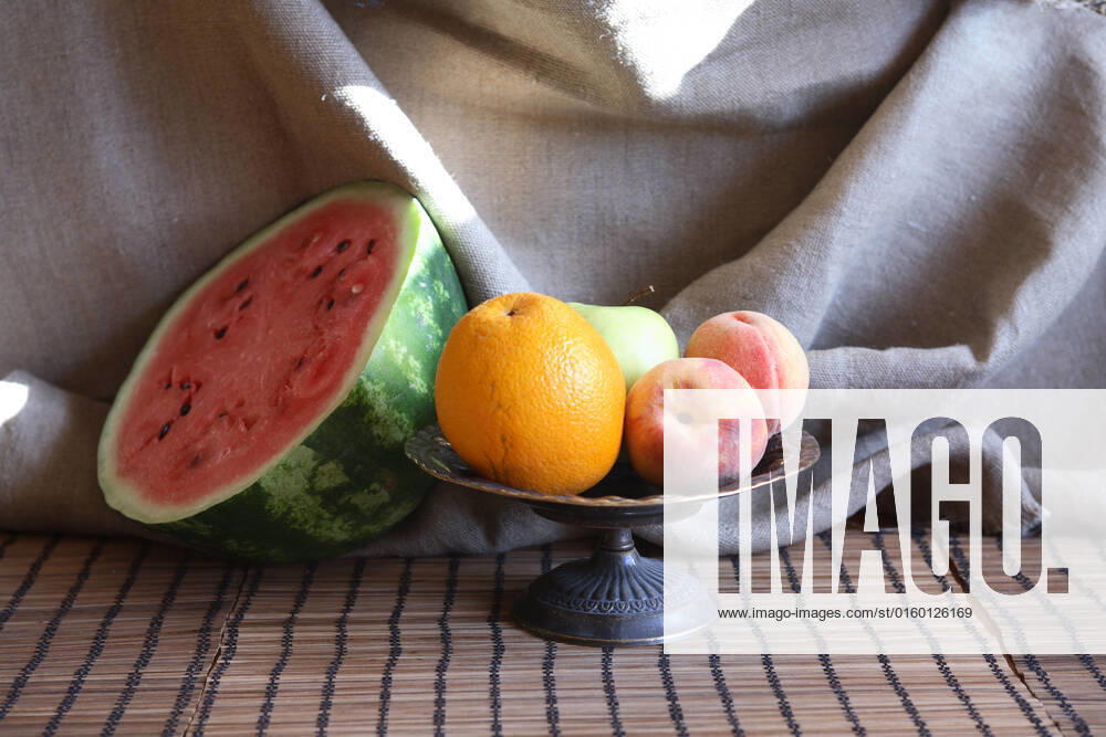 Still life with various fruits in metal bowl near sliced watermelon , 19969076.jpg, Fruit, Berry, Watermelon, Food, Summer, Plant, Healthy Eating, Dessert, Background, Macro, Closeup, Red, Slice, Cut, Portion, Plate, Table, Dishware, Morning, Breakfast, Bowl, Still Life, Bowl, Peach, Apple, Orange, Canvas, Decoration, Interior, Vintage, Retro,