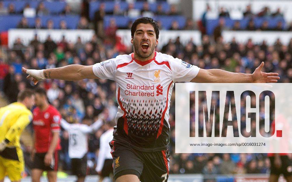 Luis Suarez of Liverpool celebrates scoring his sides fourth goal - Barclays Premier League - Cardiff City vs. FC Liverpool - Cardiff City Stadium - Cardiff - Wales - 22nd March 2014 - .