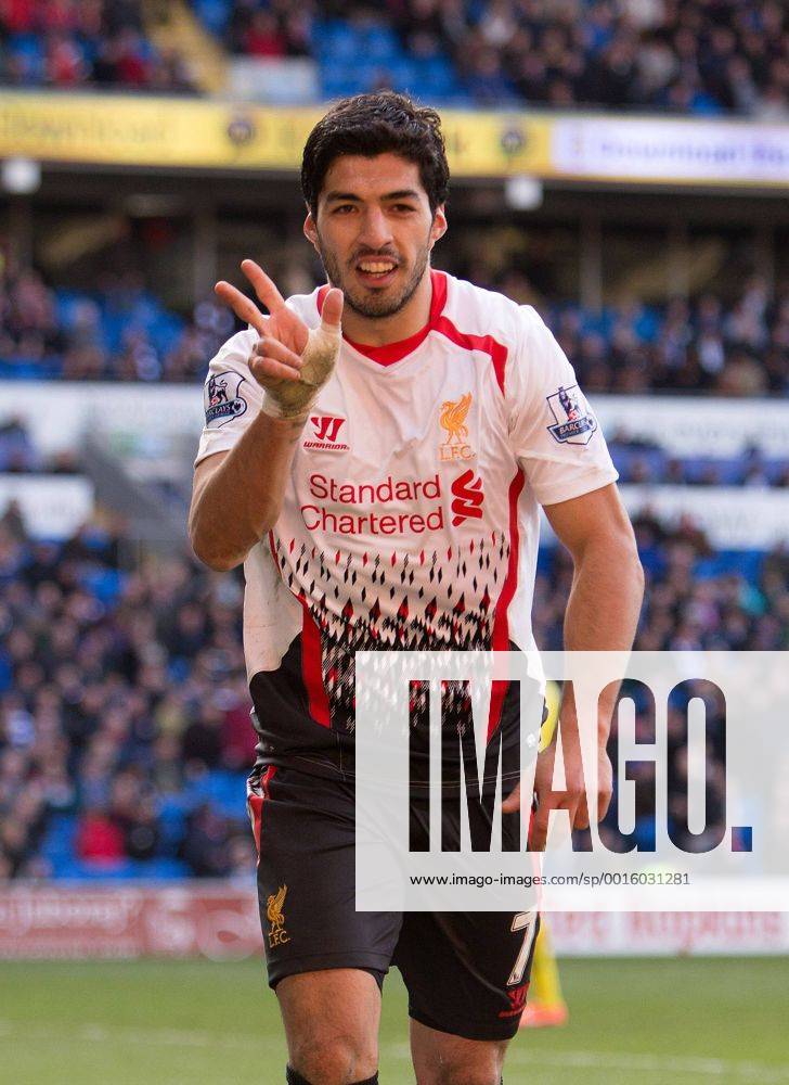 Luis Suarez of Liverpool celebrates scoring his sides sixth goal - Barclays Premier League - Cardiff City vs. FC Liverpool - Cardiff City Stadium - Cardiff - Wales - 22nd March 2014 - .