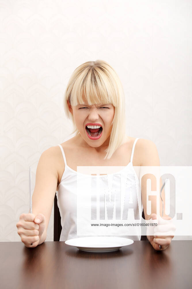 Hungry woman screaming., model released, , 2096005.jpg, adult, background, beautiful, blond, breakfast, caucasian, crave, craving, desire, dieting, dinner, eat, empty, female, food, fork, girl, hair, hand, health, healthy, hunger, hungry, knife, lifestyle, lunch, one, plate, pretty, screaming, service, sitting, snack, studio, table, thirst, unhealthy, white, women, young,