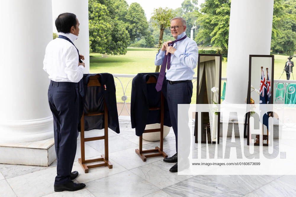President of Indonesia Joko Widodo and Australian Prime Minister Anthony Albanese put their jackets and ties back on after a bicycle ride around the palace grounds during the annual leaders meeting, at Bogor Palace, Indonesia, Monday, June 6, 2022. Mr Albanese is in Indonesia on a two-day official visit. (AAP Image Pool, Alex Ellinghausen ) NO ARCHIVING BOGOR WEST JAVA INDONESIA