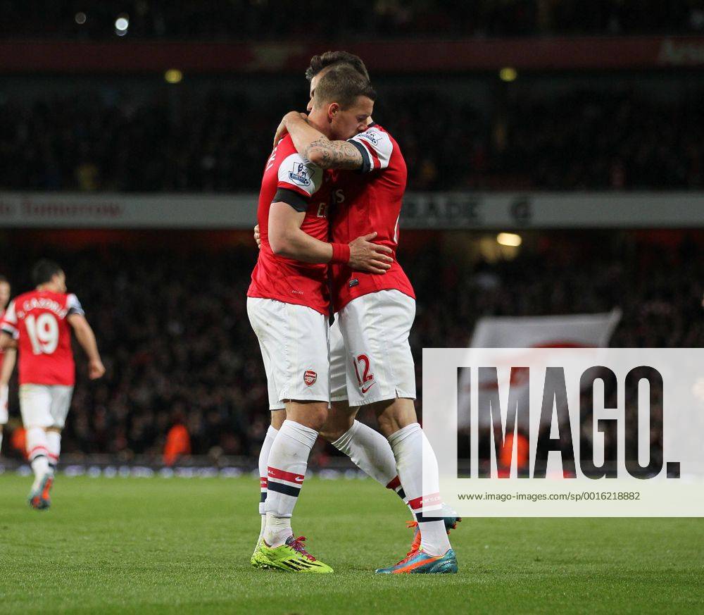 Arsenal s Lukas Podolski celebrates scoring his sides opening goal Arsenal vs West Ham United- Barclays Premier League - Emirates Stadium - London - England - 15 04 2014 - Pic David Klein Sportimage .