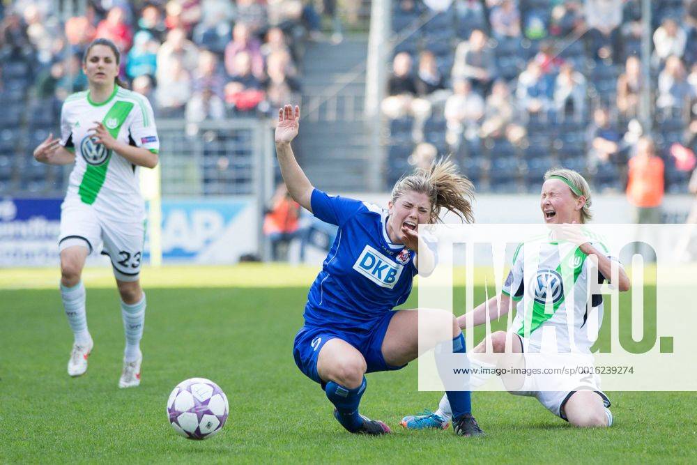 Fussball, Frauen Champions-League, 1. FFC Turbine Potsdam - VfL Wolfsburg, v.li.: Maren Mjelde (1.FFC Turbine Potsdam),Conny Pohlers (VfL Wolfsburg)