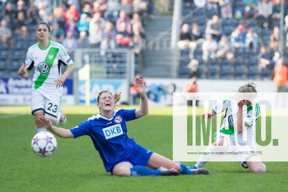 Fussball, Frauen Champions-League, 1. FFC Turbine Potsdam - VfL Wolfsburg, v.li.: Maren Mjelde (1.FFC Turbine Potsdam),Conny Pohlers (VfL Wolfsburg)