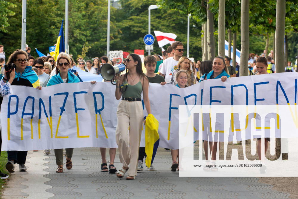 Ukrainians March For Pleading More Weapons In Düsseldorf a hundred Ukrainian gather in front of state Parlament and march for pleading more weapons amid Russian shelling intensified in Duesseldorf, Germany on July 9, 2022 Düsseldorf Germany