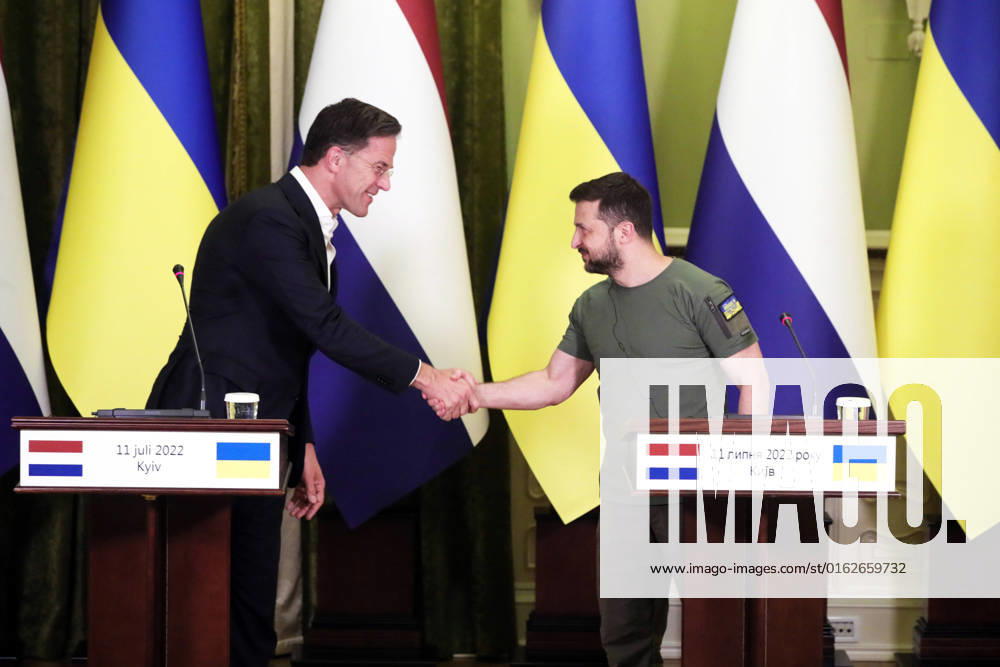 Joint briefing of Volodymyr Zelenskyy and Mark Rutte KYIV, UKRAINE - JULY 11, 2022 - President of Ukriane Volodymyr Zelenskyy (R) and Prime Minister of the Kingdom of the Netherlands Mark Rutte are pictured during a joint briefing in Kyiv, capital of Ukraine. This photo cannot be distributed in the russian federation.NO USE RUSSIA. NO USE BELARUS. Kyiv Ukraine