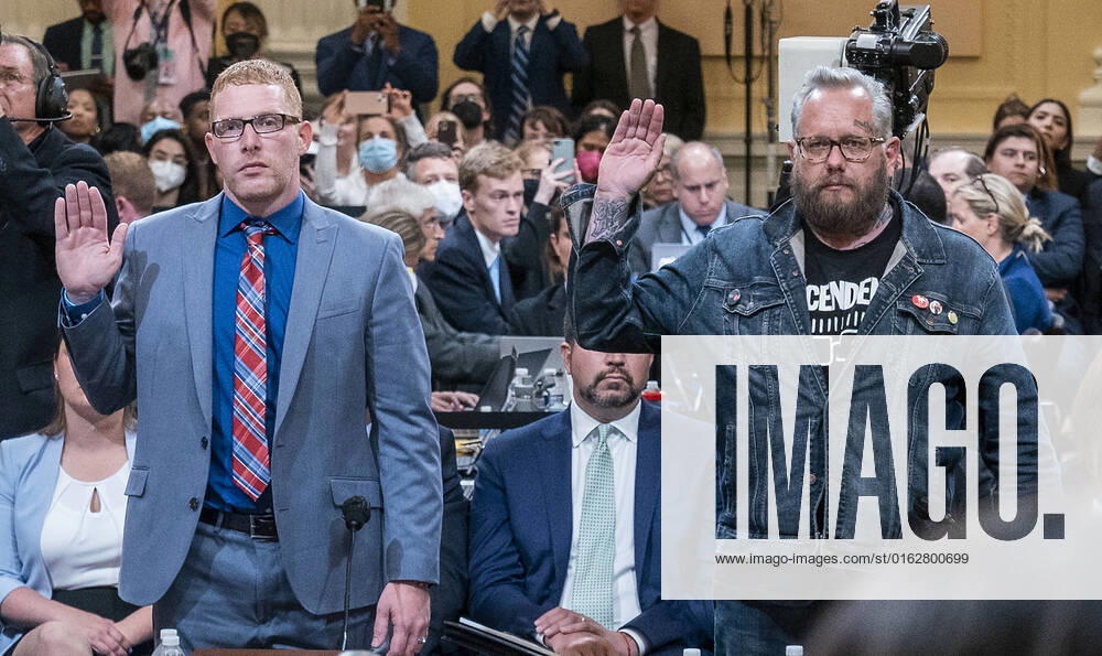 Jason Van Tatenhove (R), a former spokesperson for the Oath Keepers, and Stephen Ayres (L), who was a participant in the January 6 attack, are sworn in by Committee Chairman Democratic Representative from Mississippi Bennie Thompson during the seventh public hearing by the House Select Committee to Investigate the January 6th Attack on the US Capitol, in Washington, DC, USA, 12 July 2022 Washington USA - ZUMAs152 20220712_zaa_s152_162