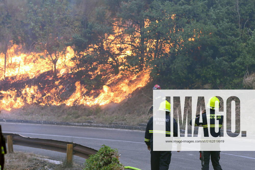 PXL_Zaton fire by the road Fire in an open area near the Zaton site in the Vodice hinterland, Croatia on July 13, 2022. About 30 firefighters with a dozen vehicles are on the ground, and two Canadairs joined the ground forces in extinguishing the fire. There are pine forests above, low vegetation, and endangered buildings. HrvojexJelavic PIXSELL