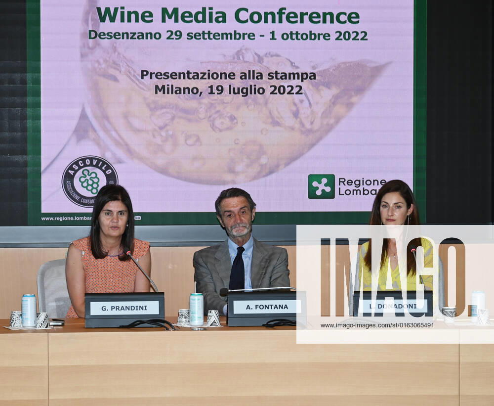 Milan, Italy Wine Media Conference world review dedicated to the communication of wine in Lombardy attended by Attilio Fontana President of the Lombardy Region, Councilor Rolfi of the Lombardy Region together with the president of Ascovilo Giovanna Prandini and the journalist and author Laura Donadoni, in video link from the United States Allan Wright president of the Wine Media Conference. The event will take place in Desenzano del Garda from 27 September to 3 October 2022 In the picture: Giovanna Prandini president Ascovilo, Attilio Fontana President of the Lombardy Region, Laura Donadoni during the event presentation