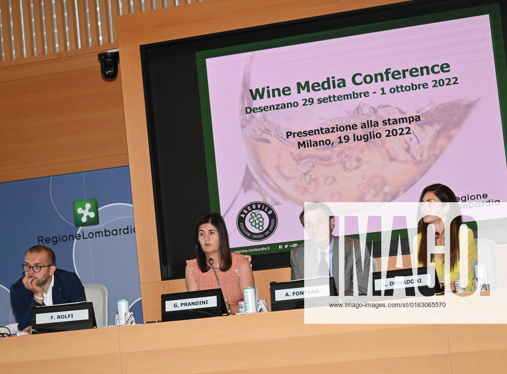 Milan, Italy Wine Media Conference world review dedicated to the communication of wine in Lombardy attended by Attilio Fontana President of the Lombardy Region, Councilor Rolfi of the Lombardy Region together with the president of Ascovilo Giovanna Prandini and the journalist and author Laura Donadoni, in video link from the United States Allan Wright president of the Wine Media Conference. The event will take place in Desenzano del Garda from 27 September to 3 October 2022 In the picture: Giovanna Prandini president Ascovilo, Attilio Fontana President of the Lombardy Region, councilor Rolfi Lombardy Region, Laura Donadoni during the event presentation