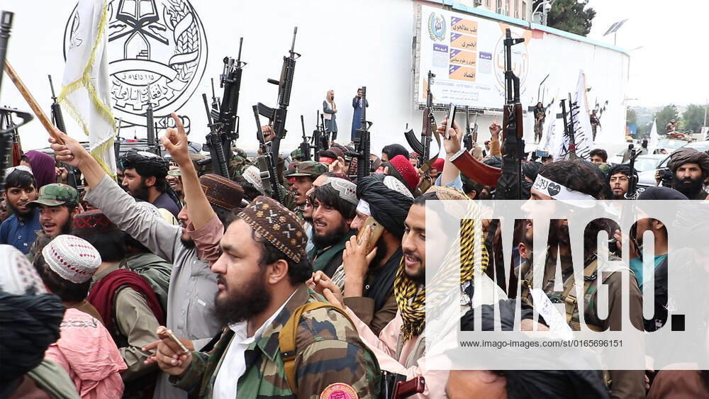 Taliban soldiers holding a weapon parade down during a demonstration in support of the first anniversary of the Taliban rule in front of Previous US embassy in Kabul, Afghanistan on Monday, August 15, 2022. AFG2022081518 ShekibxMohammady