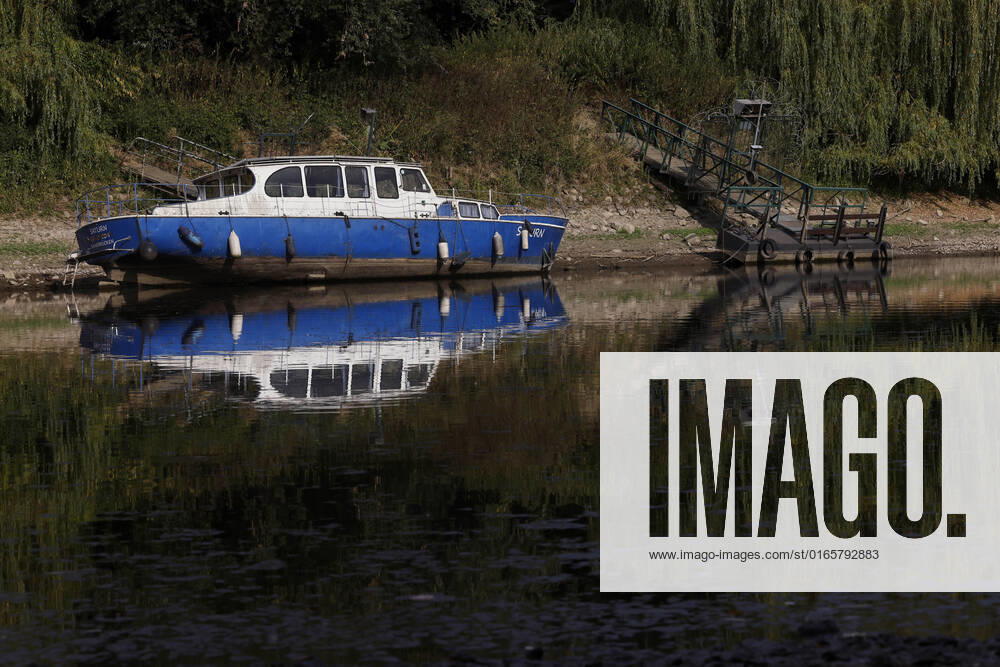 Der Rhein bei extremen Niedrigwasser: Bei Bad Honnef Rhöndorf, unterhalb des Drachenfels, liegt nicht nur das historische Rheinschiff Aalschokker Aranka im Altrheinarm an der Insel Grafenwerth auf Grund. Das Wasser in dem Seitenarm des Rhein ist so weit zurückgegangen, dass einige Boote, Kutter und Segelschiffe auf dem Trockenen liegen. (Themenbild, Symbolbild) Bonn, 16.08.2022 NRW Deutschland