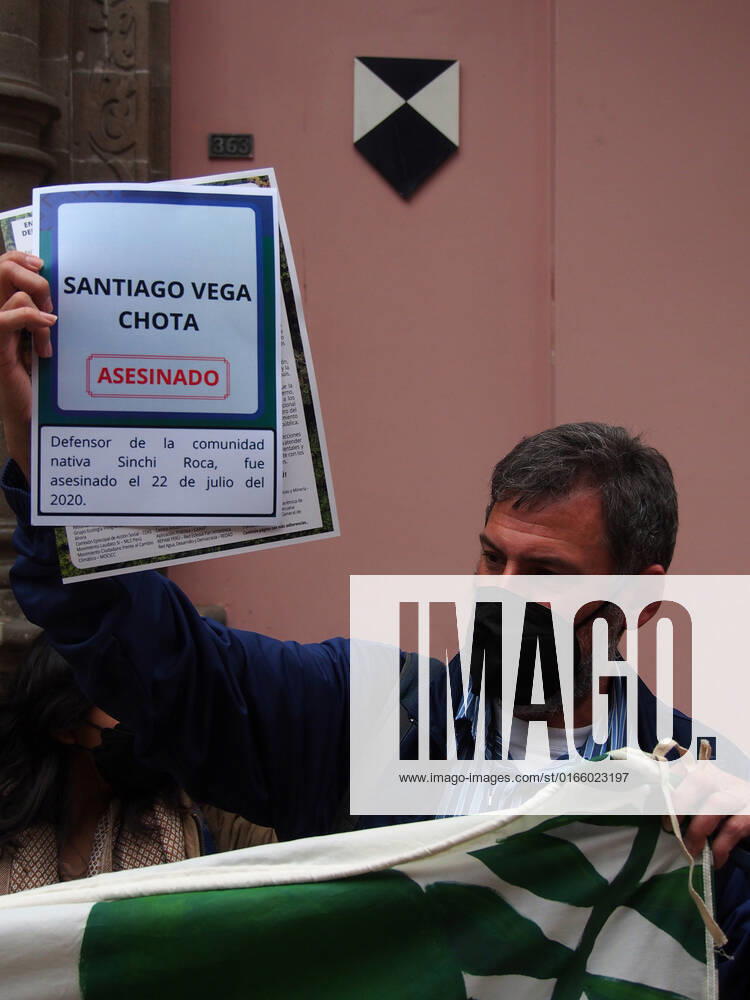 Santiago Vega Chota, Murdered, defender of the Sinchi Roca native community can be read on a piece of paper when activists gather in front of the Peruvian Foreign Affairs Ministry to demand the signing of the Escazu Agreement and not turn their backs on environmental defenders. The new Foreign Affairs Minister of Peru, Miguel oÂngel Rodriguez Mackay, recently stated that The Escazu agreement is currently shelved and it should be there because it does not correspond to the interests of the country. Lima Peru - ZUMAg240 20220818_zip_g240_007
