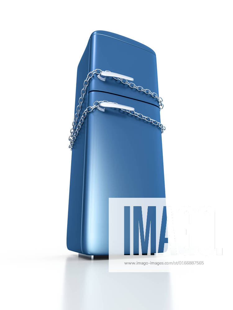 An image of a blue refrigerator locked with chains , 21436902.jpg, fridge, chain, lock, refrigerator, diet, white, food, locked, freezer, hunger, isolated, kitchen, background, door, close, cold, vintage, safety, fresh, safe, concept, illustration, object, cool, blue, dark, big, nobody, symbol, retro, closed, home, 3d, classic, protection, high,