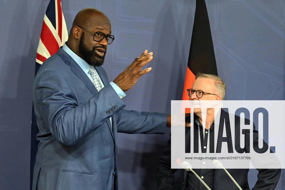 ANTHONY ALBANESE PRESSER, Australian Prime Minister Anthony Albanese and former NBA star Shaquille O?Neal at a press conference in Sydney, Saturday, August 27, 2022. ( NO ARCHIVING, , NO USE IN BOOKS WITHOUT CONSENT SYDNEY NSW AUSTRALIA