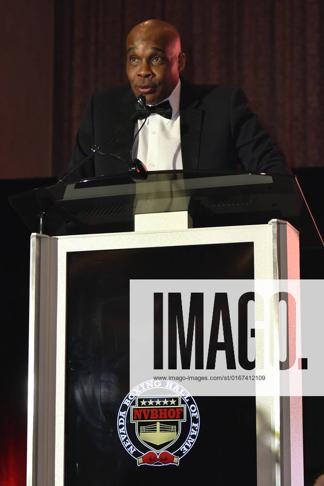 LAS VEGAS, NV - AUGUST 27: Michael Nunn speaking at the Induction Ceremony & Dinner for the 2022 Nevada Boxing Hall Of Fame at Resorts World Las Vegas in Las Vegas,Nevada, on August 27, 2022.