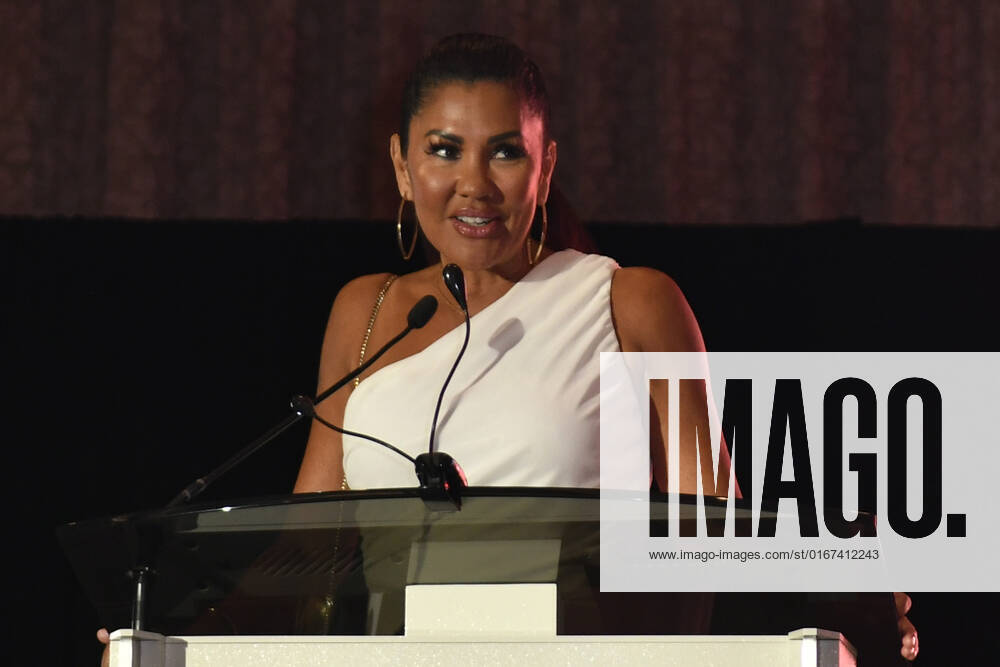 LAS VEGAS, NV - AUGUST 27: Mia St.John speaking at the Induction Ceremony & Dinner for the 2022 Nevada Boxing Hall Of Fame at Resorts World Las Vegas in Las Vegas,Nevada, on August 27, 2022.
