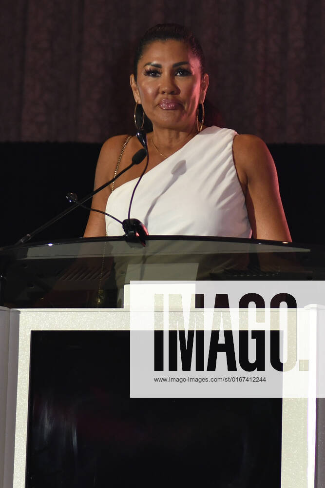 LAS VEGAS, NV - AUGUST 27: Mia St.John speaking at the Induction Ceremony & Dinner for the 2022 Nevada Boxing Hall Of Fame at Resorts World Las Vegas in Las Vegas,Nevada, on August 27, 2022.