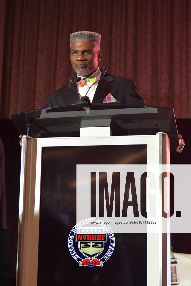 LAS VEGAS, NV - AUGUST 27: Julian Jackson speaking at the Induction Ceremony & Dinner for the 2022 Nevada Boxing Hall Of Fame at Resorts World Las Vegas in Las Vegas,Nevada, on August 27, 2022.