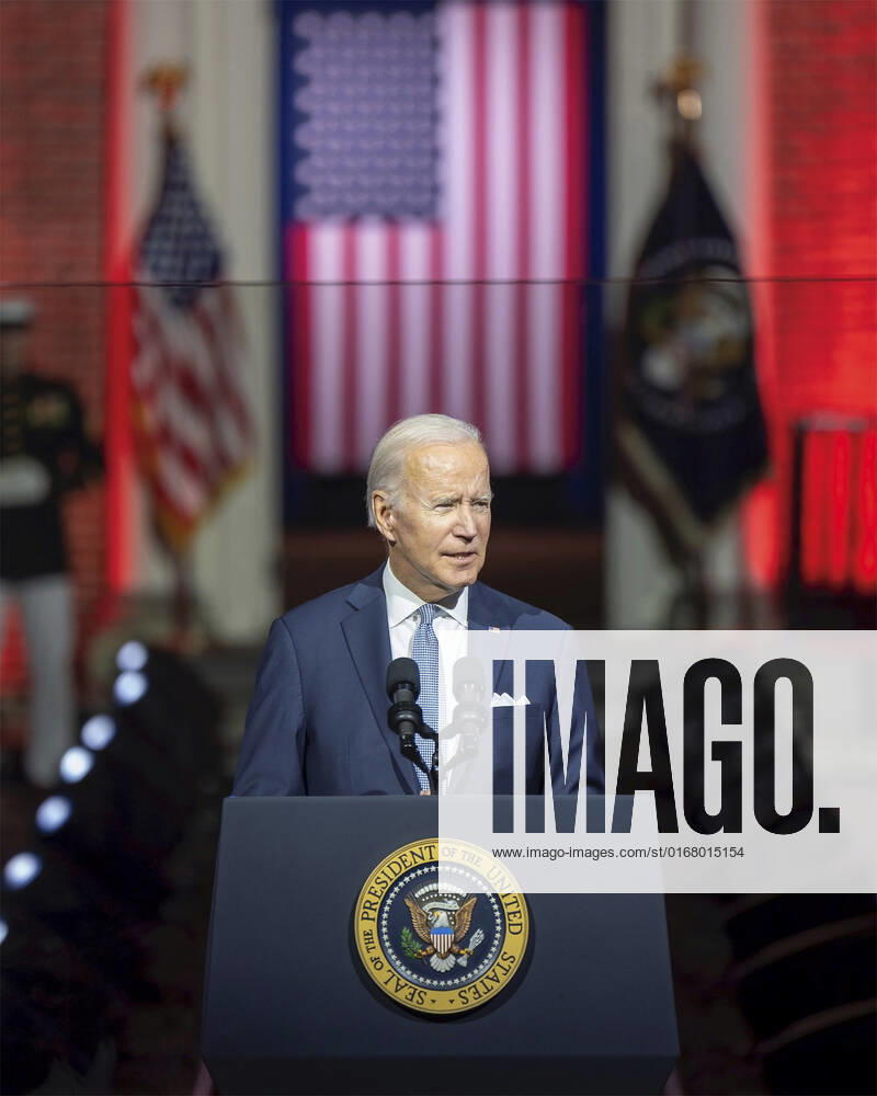 U.S President Joe Biden, delivers a prime time address on threats to democracy to the American people outside historic Independence Hall, September 1, 2022 in Philadelphia, Pennsylvania. Philadelphia United States of America - ZUMAp138 20220901_zaa_p138_048