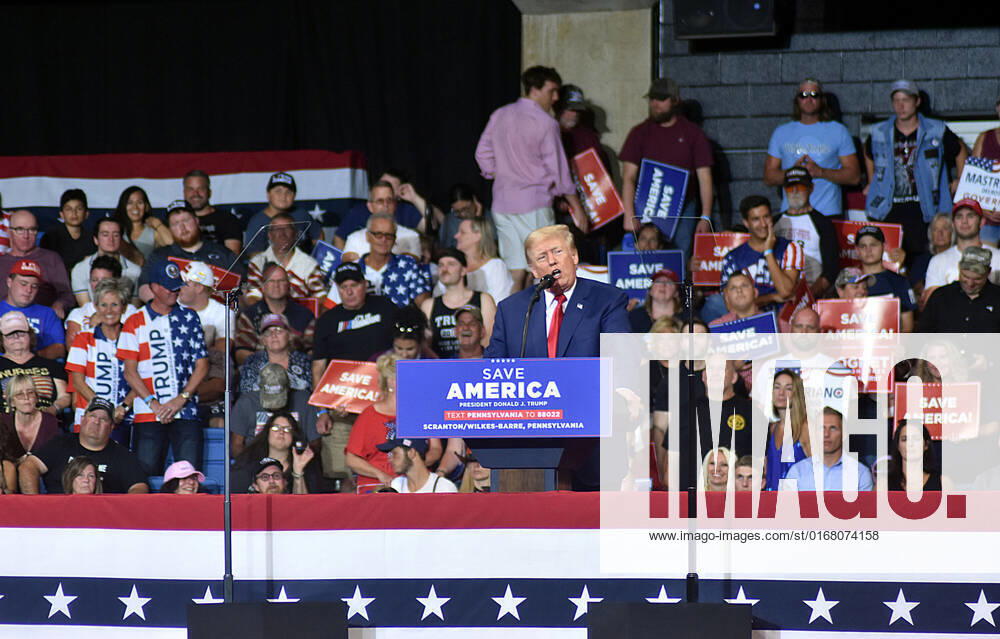 The former US President Donald J Trump delivers remarks at a Save America rally in Wilkes Barre, the first one after FBI raid on his Mar-a-Lago home in Florida. He is campaigning for Republican candidates in Pennsylvania with the presence of many Trump supporters who flock to the rally in large numbers.