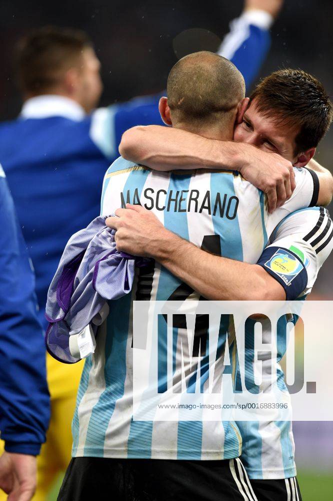 Lionel Messi (ARG), JULY 9, 2014 - Football Soccer : Lionel Messi (L) and Javier Mascherano of Argentina celebrate after winning the FIFA World Cup 2014 semi-finals match between Netherlands and Argentina at Arena de Sao Paulo in Sao Paulo Brazil. Noxthirdxpartyxsales (uzdb007099)