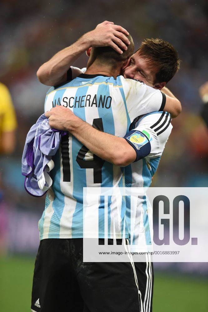 Lionel Messi (ARG), JULY 9, 2014 - Football Soccer : Lionel Messi (L) and Javier Mascherano of Argentina celebrate after winning the FIFA World Cup 2014 semi-finals match between Netherlands and Argentina at Arena de Sao Paulo in Sao Paulo Brazil. Noxthirdxpartyxsales (uzdb007100)