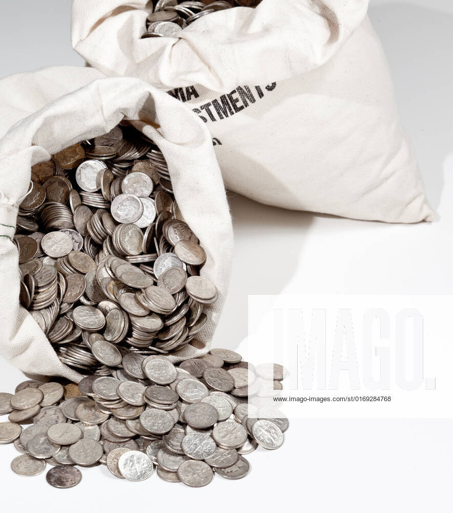 Linen bag of old pure silver coins used to invest in silver as a commodity , 1369832.jpg, bag, bank, bullion, cash, cent, cloth, coin, coins, commodity, currency, dimes, dollar, finance, fortune, gold, hoard, investment, isolated, jackpot, many, metal, money, old, pile, pot, price, retirement, rich, sack, savings, silver, spill, sterling, studio, treasure, valuable, vintage, wealth, white,