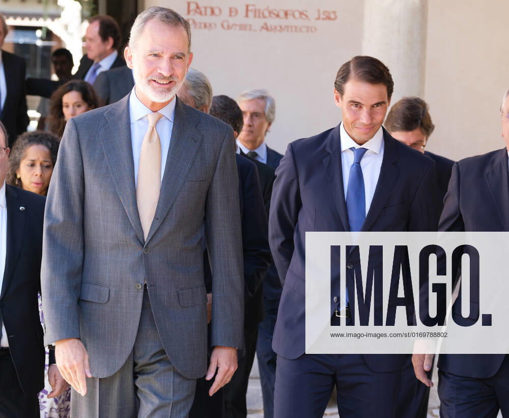 King Felipe VI of Spain and tennis player Rafael Nadal seen during the delivery of the Camino Real Award on its fifth edition, at the auditorium of the University of Alcala, in Alcala de Henares, Madrid. The Camino Real award has been granted by the Franklin Institute of the University of Alcala, which recognizes the professional work of Spaniards who in an outstanding and exemplary way project and enhance the positive image of Spain in the United States. The projection of the image of Spain in North America by the tennis player, means his triumph in the US Open (2019), as well as in previous editions of 2010, 2013, 2017 and in other tournaments played in North America. Madrid Spain - ZUMAs197 20220920_zaa_s197_097