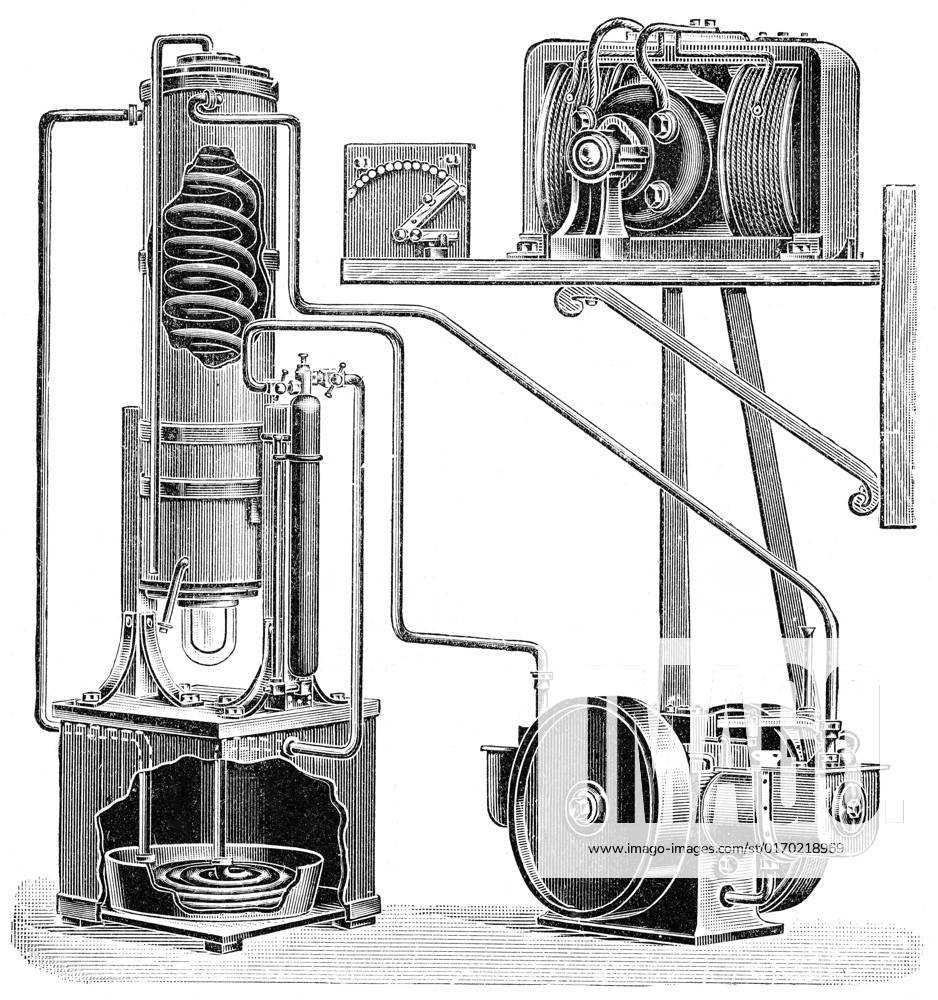 Apparatus for liquefying gas mixtures in the Linde process by Carl von Linde Apparatus for liquefying gas mixtures in the Linde process by Carl Paul Gottfried Linde; Ritter von Linde; 1842 - 1934; a German engineer who developed refrigeration and gas separation technologies; Apparatur für die Verflüssigung von Gasgemischen im Linde-Verfahren von Carl Paul Gottfried Linde; 1842 - 1934; ein deutscher Ingenieur; Erfinder und Gründer der Linde AG. Carl