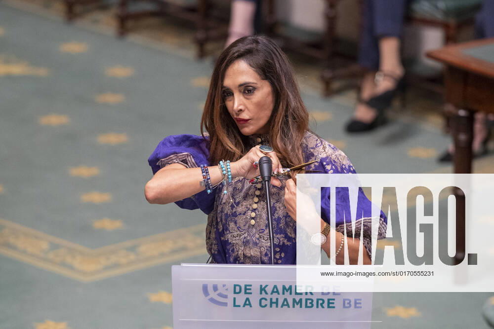 Belgien, Abgeordnete Darya Safai schneidet sich aus Solidarität mit Protesten in Iran Haare ab N-VA s Darya Safai cutting some of her hair as protest against events in Iran and other parliament members applaud during a plenary session of the Chamber at the Federal Parliament in Brussels, Thursday 06 October 2022. NICOLASxMAETERLINCK 46383617