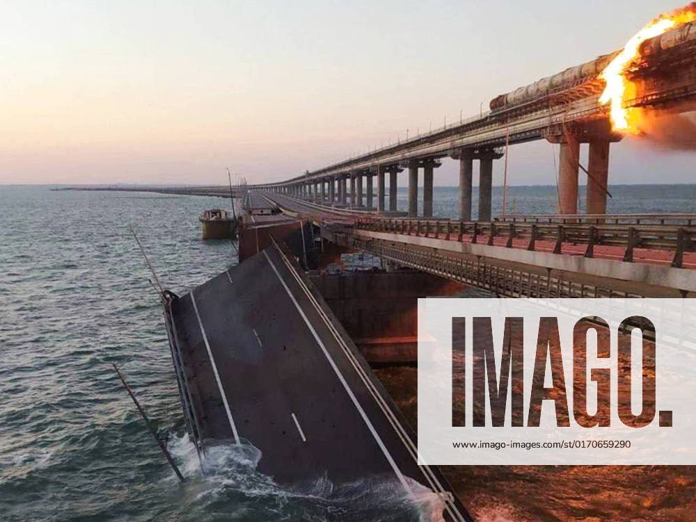 Russia. Kerch. OCTOBER 8, 2022. Collapsed section of a bridge linking Crimea to mainland Russia. Early on October 8, a truck exploded on the bridge causing fuel tanks of a freight train to catch fire. Traffic has been temporarily suspended. According to preliminary information, no casualties have been reported. THIS IMAGE WAS PROVIDED BY A THIRD PARTY. Moya Feodosiya TASS 55242499