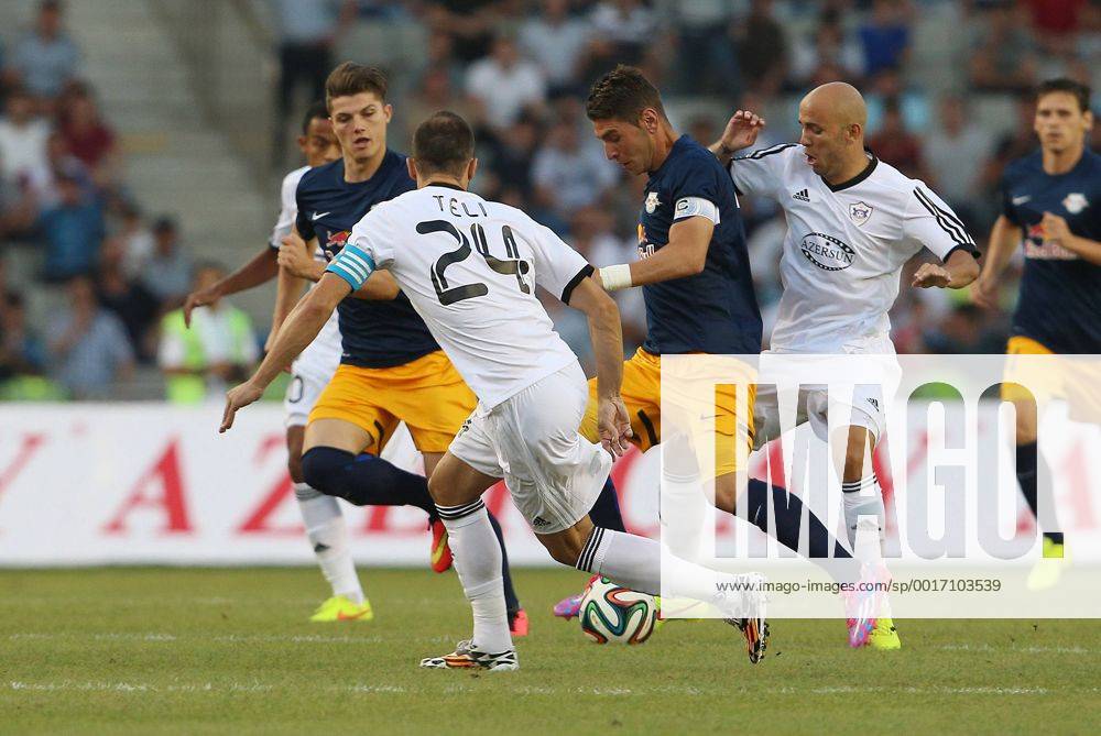 SOCCER - CL, Karabag vs RBS BAKU,AZERBAIJAN,30.JUL.14 - SOCCER - UEFA Champions League, qualifying, Karabag Agdam FK vs Red Bull Salzburg. Image shows Marcel Sabitzer (RBS), Admir Teli (Karabag), Jonathan Soriano (RBS) and Richard Almeida (Karabag).