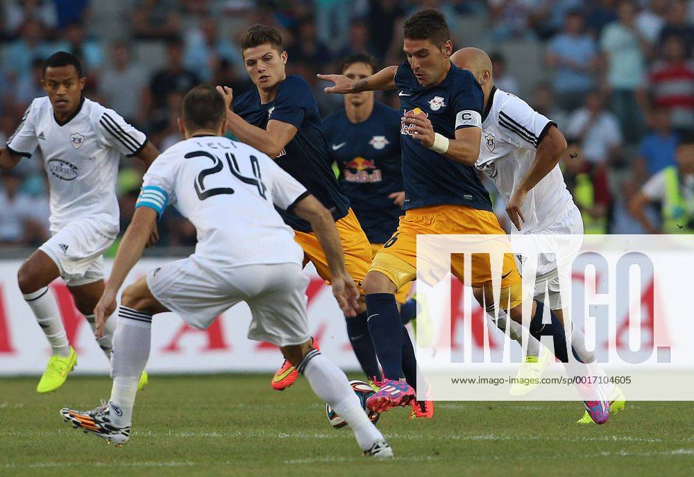 SOCCER - CL, Qarabag vs RBS BAKU,AZERBAIJAN,30.JUL.14 - SOCCER - UEFA Champions League, qualifying, Qarabag Agdam FK vs Red Bull Salzburg. Image shows Admir Teli (Qarabag), Marcel Sabitzer and Jonatan Soriano (RBS).