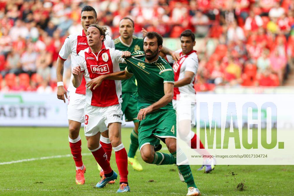 20140730 - LIEGE, BELGIUM: Standard d Francois Marquet and Panathinaikos Giorgos Koutroubis fight for the ball during a soccer game between Belgian first division team Standard de Liege and Greek Panathinaikos F.C., Wednesday 30 July 2014, in Liege, the first leg of the third qualifying round for the UEFA Champions League tournament. VIRGINIExLEFOUR 04267497