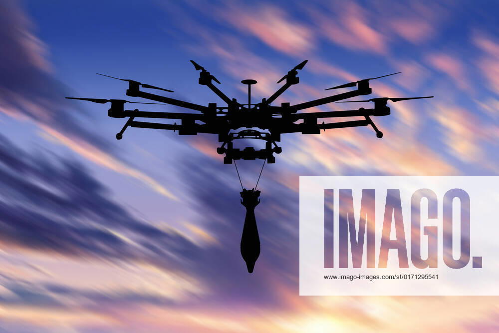 Ukraine: Military drone with bomb and rocket Military drone with a bomb at sunset. Combat drone in military conflicts . Illustrative photo Ukraine