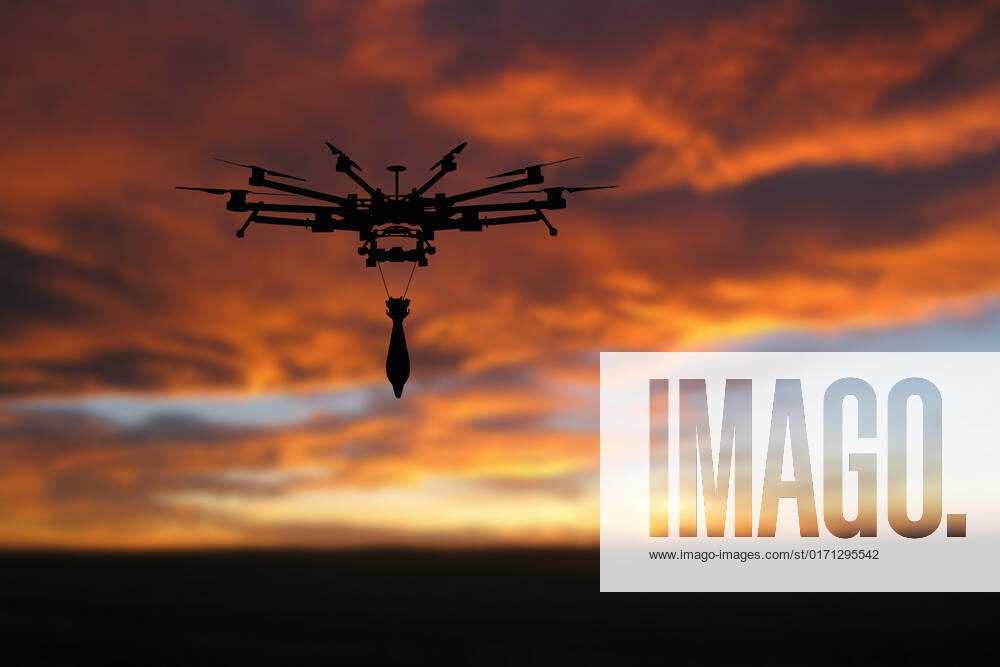 Ukraine: Military drone with bomb and rocket Military drone with a bomb at sunset. Combat drone in military conflicts . Illustrative photo Ukraine