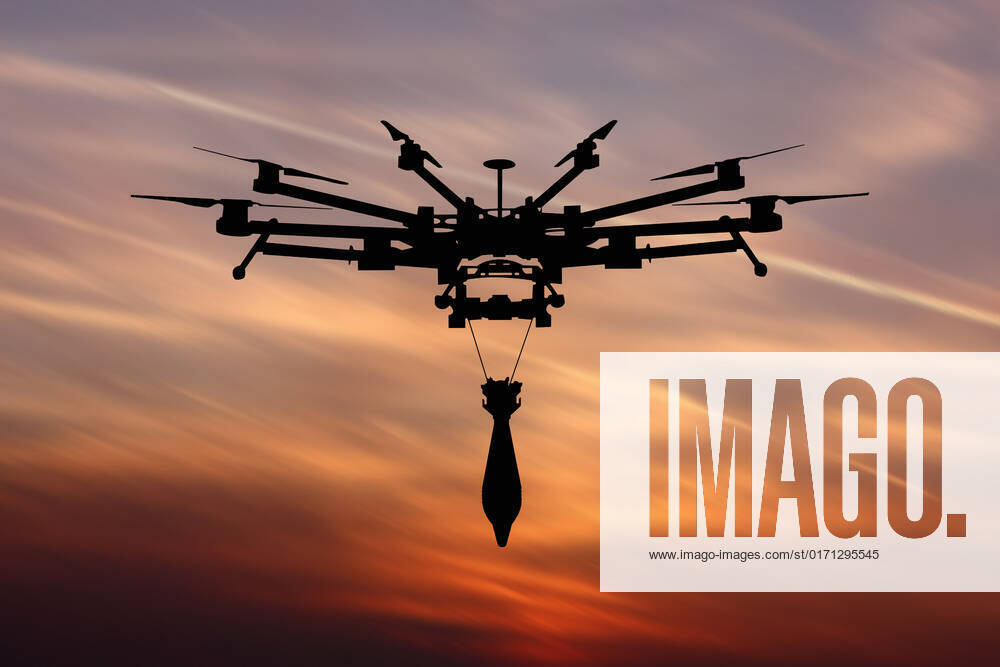 Ukraine: Military drone with bomb and rocket Military drone with a bomb at sunset. Combat drone in military conflicts . Illustrative photo Ukraine