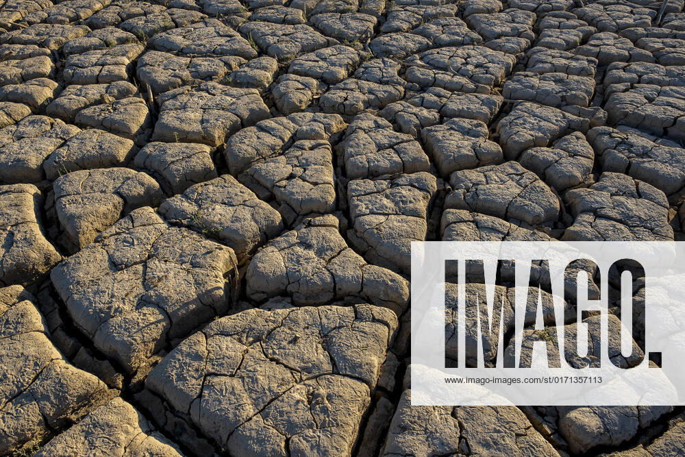 Dry reservoir of La Vinuela, reservoir declared dead due to lack of water, Malaga, Andalusia, Spain