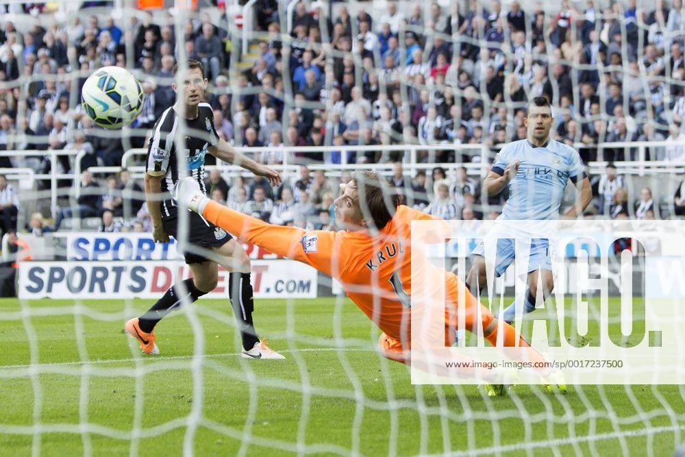 Sergio Aguero of Manchester City scores his sides second goal - Newcastle United vs. Manchester City - Barclays Premier League - St James Park - Newcastle - 17 08 2014 Pic Philip Oldham Sportimage .