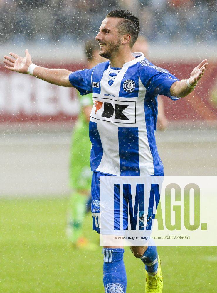 20140817 - GENT, BELGIUM: Gent s Danijel Milicevic celebrates after scoring during the Jupiler Pro League match between KAA Gent and Zulte Waregem, in Gent, Sunday 17 August 2014, on day 4 of the Belgian soccer championship. LAURIExDIEFFEMBACQ 04280375