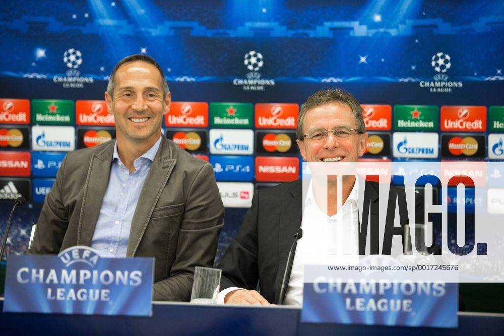 SOCCER - CL, RBS vs Malmoe SALZBURG,AUSTRIA,18.AUG.14 - SOCCER - UEFA Champions League, play off, Red Bull Salzburg, preview, press conference RBS. Image shows head coach Adi Hütter and sporting director Ralf Rangnick (RBS).