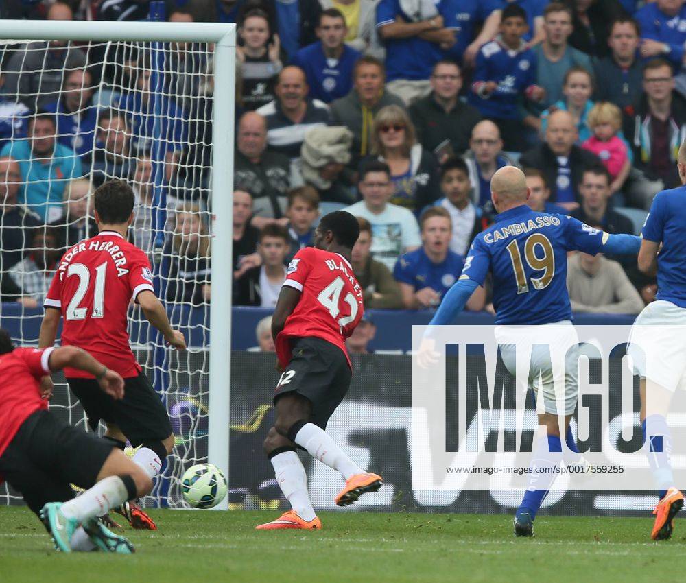 Esteban Cambiasso of Leicester City scores a goal to make the score 3-3 - Barclays Premier League - Leicester City vs Manchester Utd - King Power Stadium - Leicester - England - 21st September 2014 - Picture Simon Bellis Sportimage .