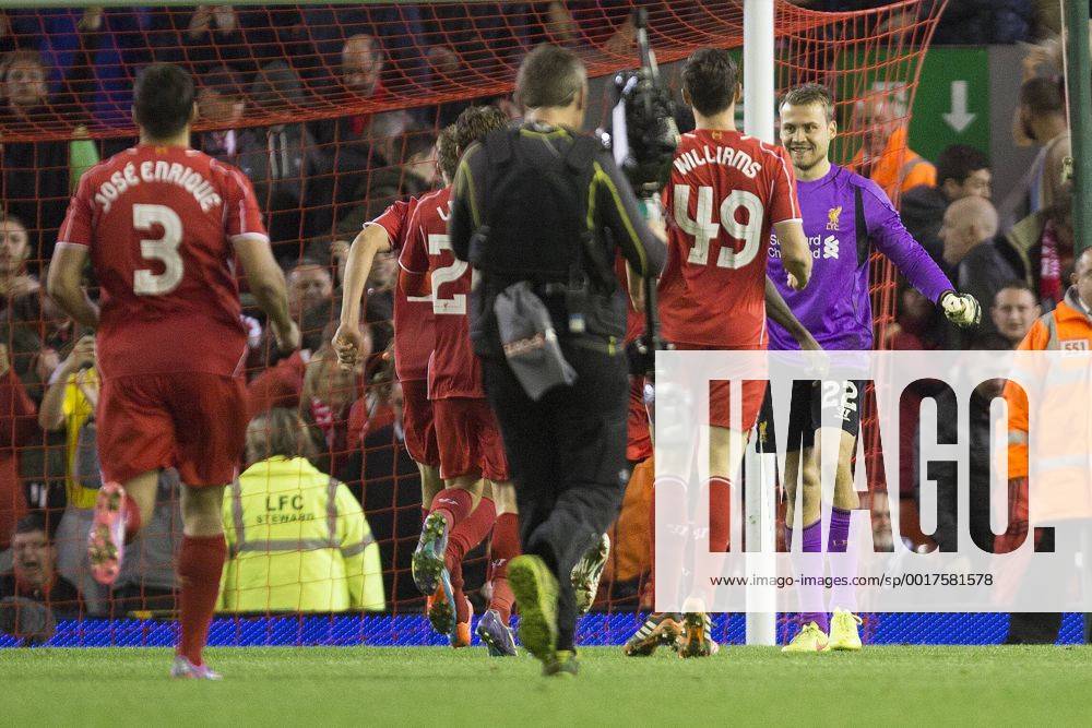 Simon Mignolet of Liverpool celebrates victory with team mates - Liverpool vs. Middlesbrough - Capital One League Cup - Anfield - Liverpool - 23 09 2014 Pic Philip Oldham Sportimage .