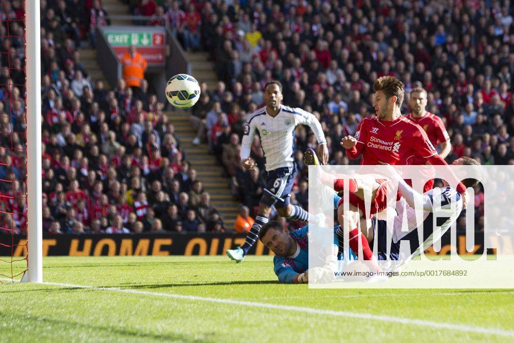 West Brom s Ben Foster and Craig Gardner combine to keep out Adam Lallana of Liverpool - Liverpool vs. West Bromwich Albion - Barclay s Premier League - Anfield - Liverpool - 04 10 2014 Pic Philip Oldham Sportimage .