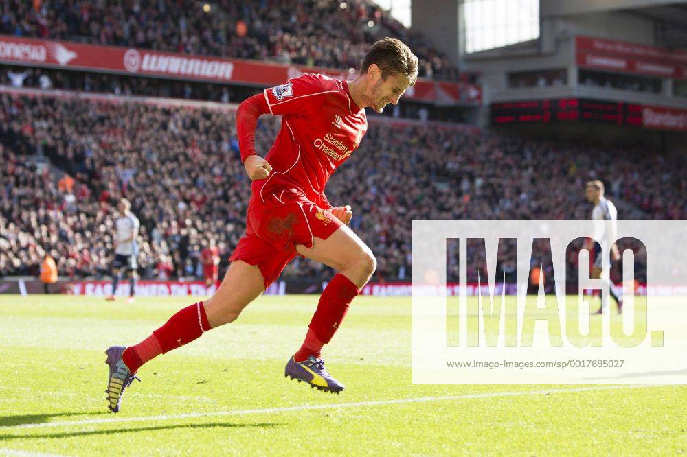 Adam Lallana of Liverpool celebrates his opening goal - FC Liverpool vs. West Bromwich Albion - Barclay s Premier League - Anfield - Liverpool - 04 10 2014 .