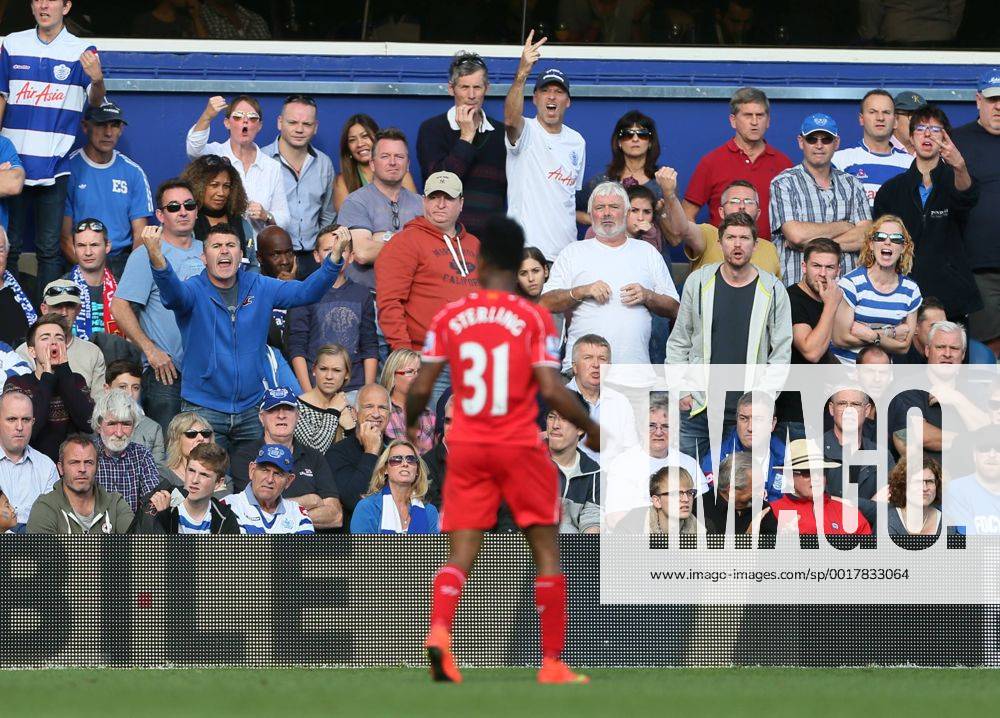 Liverpool s Raheem Sterling celebrates his sides opening goal to the QPR fans - Barclays Premier League - QPR vs Liverpool - Loftus Road - England - 19th October 2014 - Picture David Klein Sportimage .