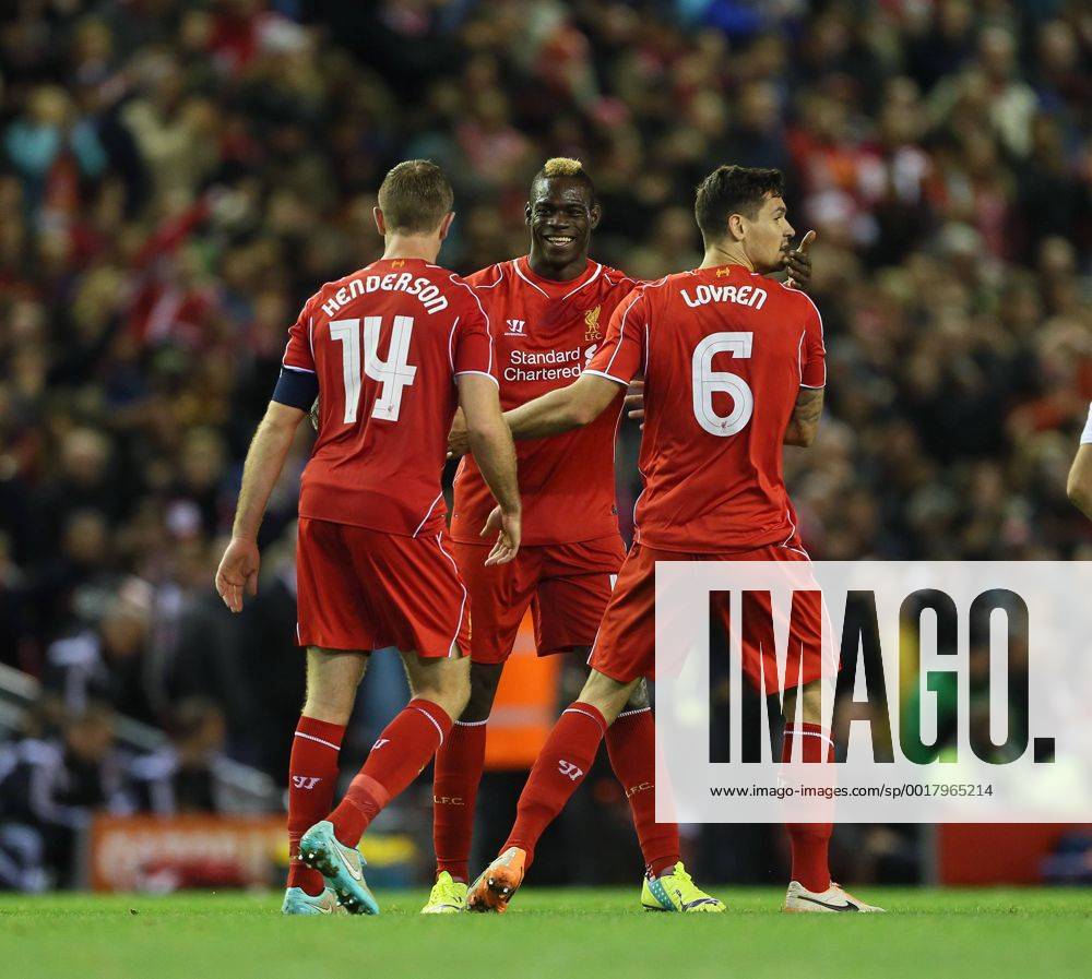 Liverpool s Mario Balotelli celebrates with goalscorer Dejan Lovren League Cup Fourth Round- Liverpool vs Swansea City - Anfield - England - 28th October 2014 - Picture David Klein Sportimage .