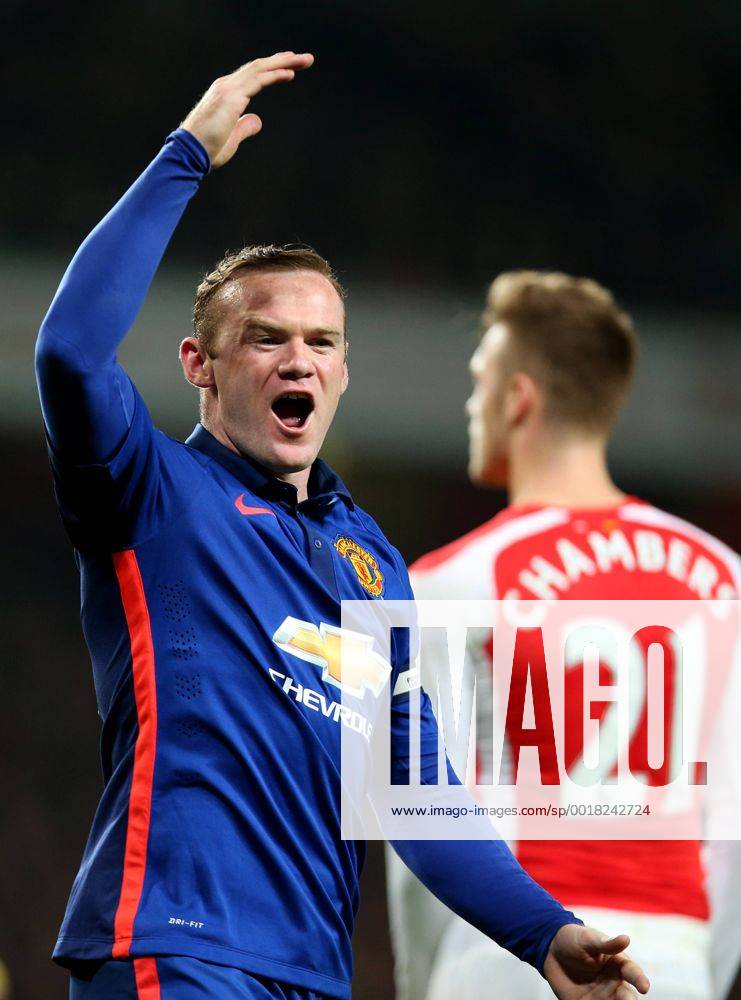 Wayne Roony of Manchester United celebrates after scoring during the Barclays Premier League match between Arsenal and Manchester United at Emirates Stadium in London, on Nov. 22, 2014. Manchester United won 2-1. ) FOR . NOT FOR SALE FOR MARKETING OR ADVERTISING CAMPAIGNS. NO USE WITH UNAUTHORIZED AUDIO, VIDEO, DATA, FIXTURE LISTS, CLUB LEAGUE LOGOS OR LIVE SERVICES. ONLINE IN-MATCH USE LIMITED TO 45 IMAGES, NO VIDEO EMULATION. NO USE IN BETTING, GAMES OR SINGLE CLUB LEAGUE PLAYER PUBLICATIONS. (SP)BRITAIN-LONDON-SOCCER-BARCLAYS PREMIER LEAGUE-ARSENAL VS MANCHESTER UNITED HanxYan