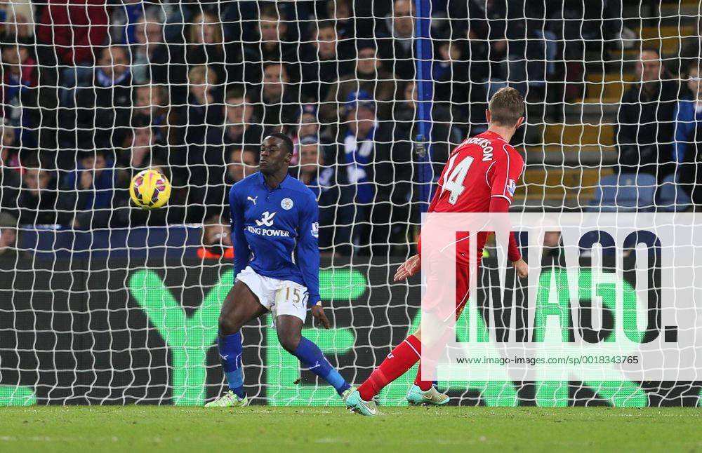 Liverpool s Jordan Henderson sscoring his sides third goal Barclays Premier League- Leicester City vs Liverpool - King Power Stadium - England - 2nd November 2014 - Picture David Klein Sportimage .
